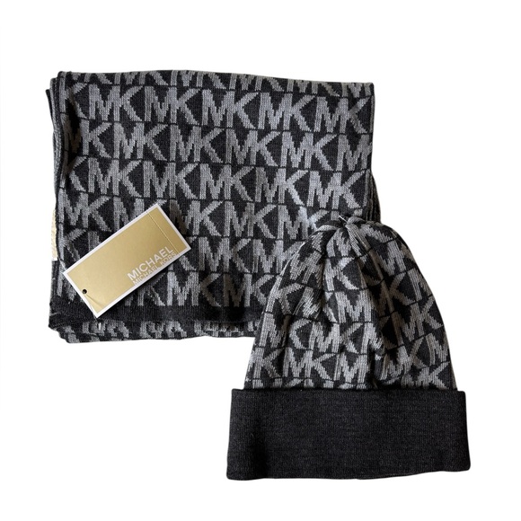 Michael Kors Accessories - Michael Kors Monogram Black and Gray Beanie and Scarf